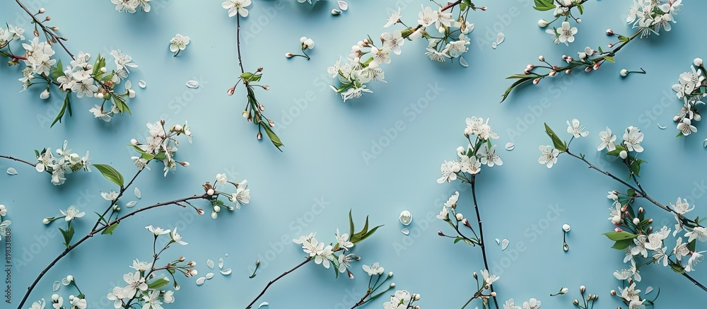 Aufkleber A view of delicate spring twigs with white blossoms on a blue backdrop from above creating a flat lay composition with copy space perfect for a card featuring pretty pink flowers