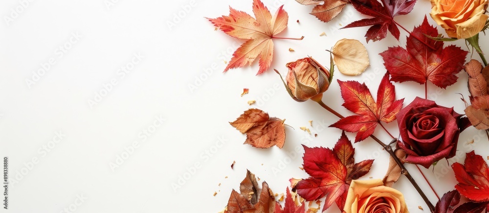 Poster top down view of a fall themed arrangement featuring maple leaves and dry roses on a white backdrop 