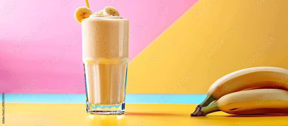 Poster banana milkshake in a glass on colored backdrop with copy space image