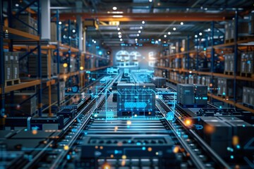 Fototapeta premium Illustrating a sophisticated warehouse setup, this image features interconnected IoT devices that enable seamless information flow and support predictive maintenance, ensuring efficient operations.