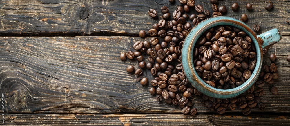 Poster coffee cup with coffee beans on a wooden surface creating a rustic and cozy atmosphere ideal for a c