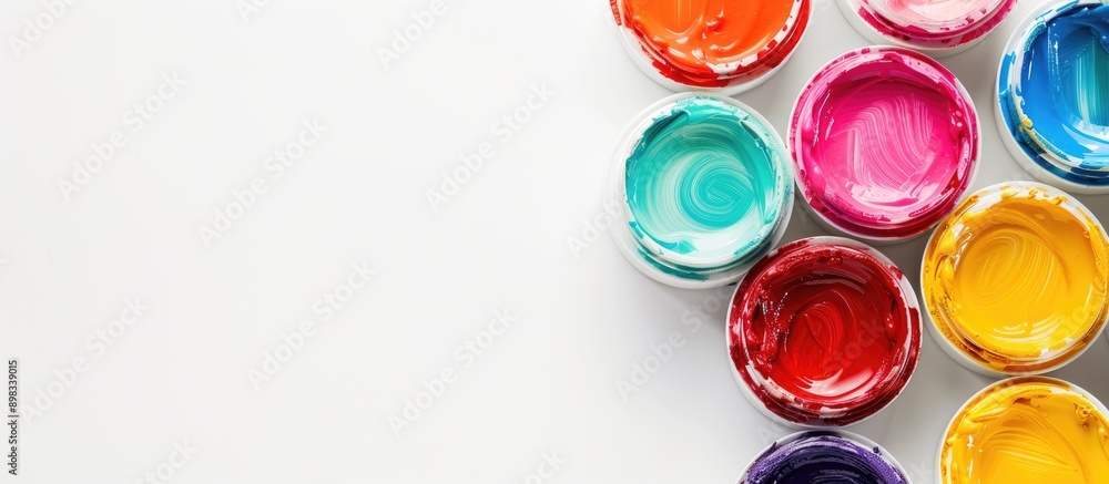 Aufkleber colorful gouache paints from a top view on a white background with copy space image