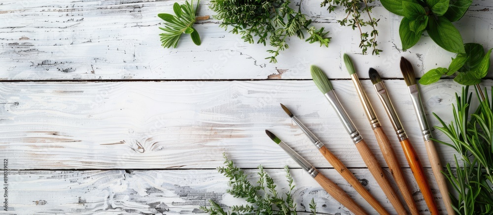 Aufkleber top down view of paint brushes herbs painting and a picture on a white wooden background offers ampl