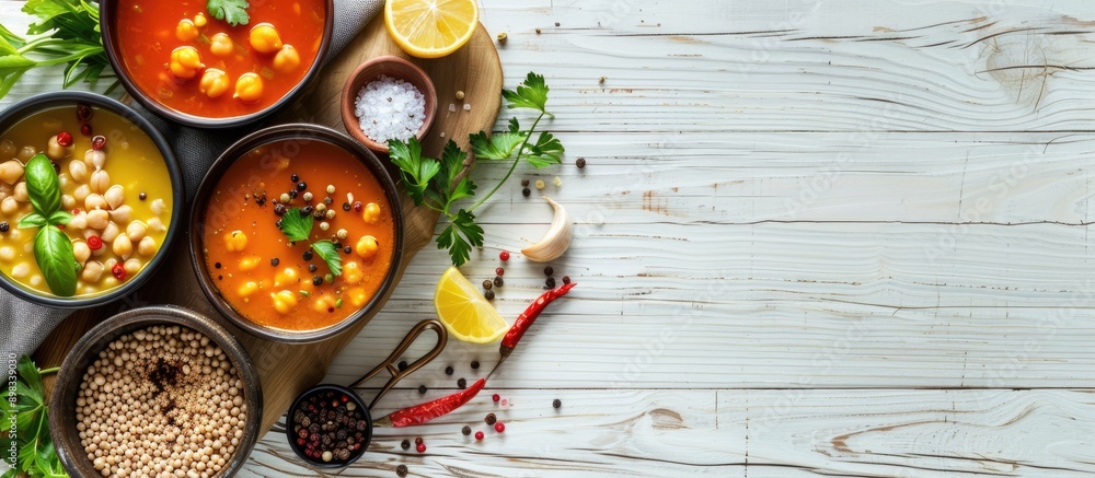 Aufkleber A delicious chickpea soup arranged on a white wooden table with spices creating a visually appealing copy space image