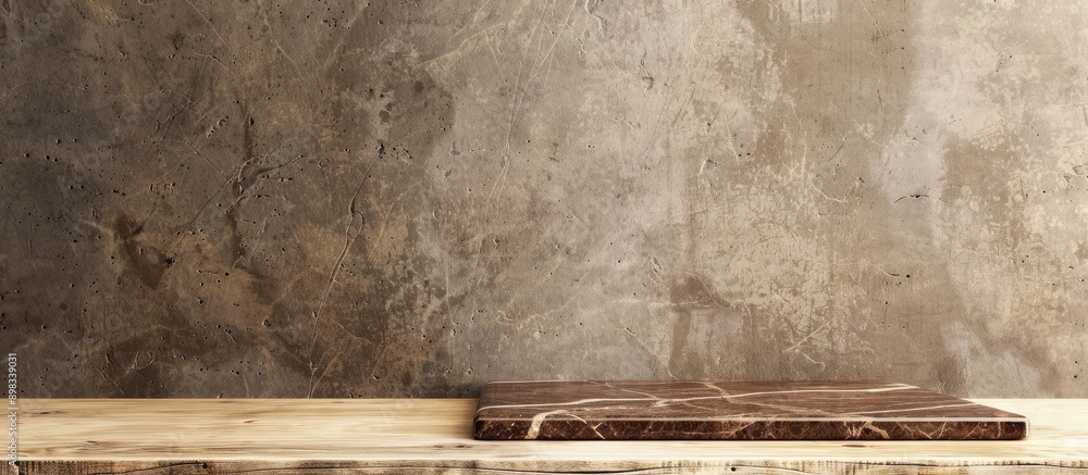 Poster A brown marble sample stone is displayed on a wooden table with a white concrete block background providing copy space image