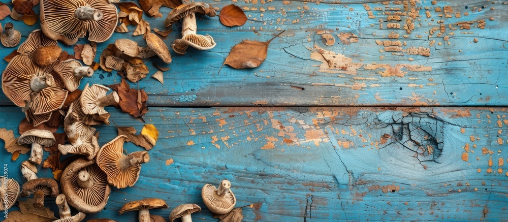 Aufkleber autumn themed top view of dried mushrooms on a blue wooden table with ample copy space image