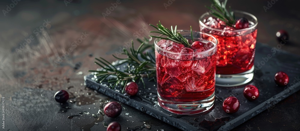 Poster alcoholic drink consisting of a cranberry and rosemary cocktail served in two glasses on a dark back