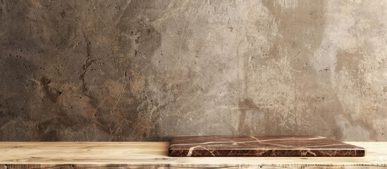 A brown marble sample stone is displayed on a wooden table with a white concrete block background providing copy space image