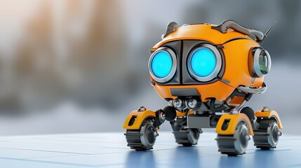 Fototapeta premium There Is an Orange Robot With Blue Lights Placed on a Table in the Room