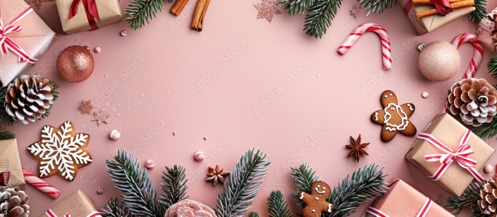 Poster Top down view of a Christmas themed setup featuring a fir tree gift boxes gingerbread and room for a copy space image