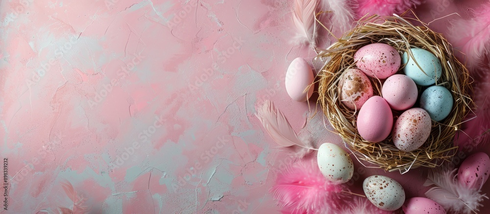 Leinwandbilder celebrate easter with assorted eggs in a box and basket on a dark pink backdrop with feathers perfec
