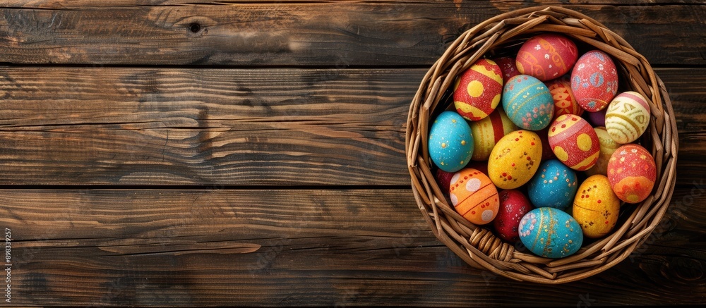 Leinwandbilder a top down view of easter eggs in a wicker bowl on a wooden surface with a clear area for additional