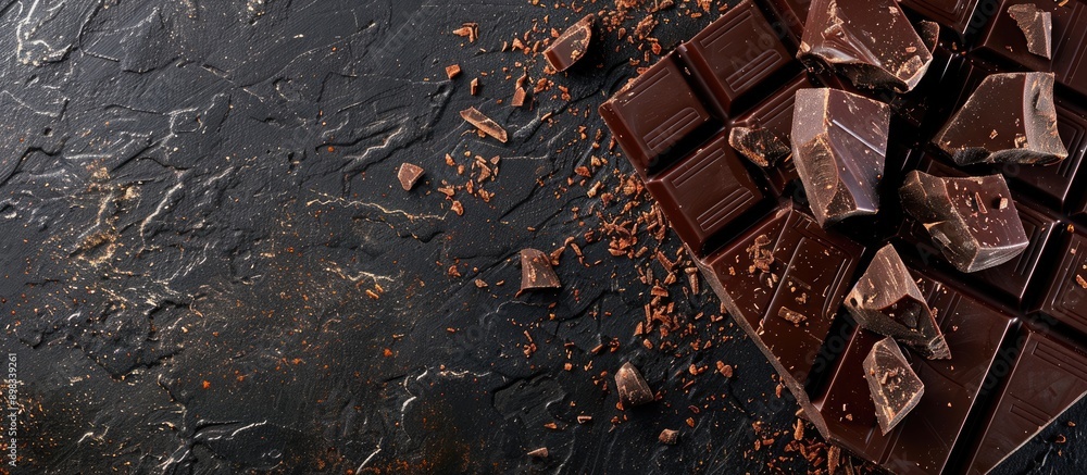 Aufkleber dark chocolate chunks and cocoa sprinkle on a black kitchen surface with copy space image