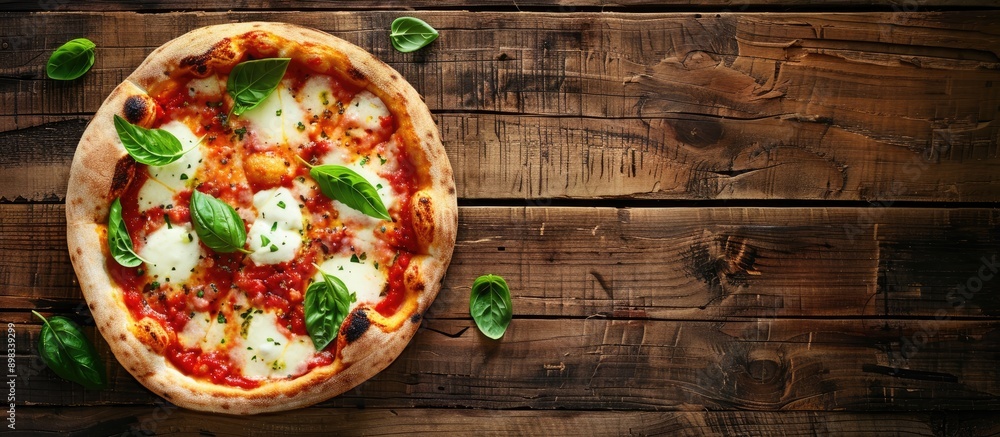 Poster Top down view of a Margherita pizza on a wooden surface with ample space for text or graphics