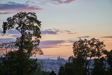 Sunset view of Prague cityscape from the Riegrovy Sady park in the Vinohrady district in Prague, Czech Republic