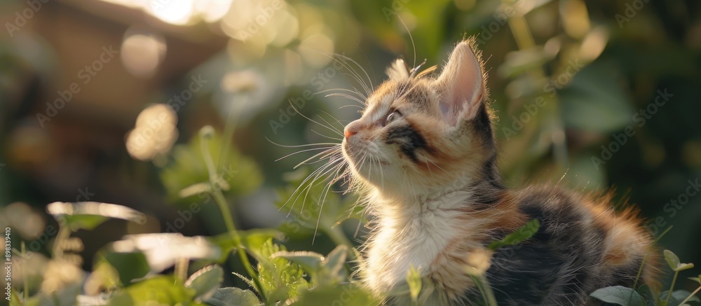 Poster a calico kitten gazing at something in the garden in a picturesque copy space image
