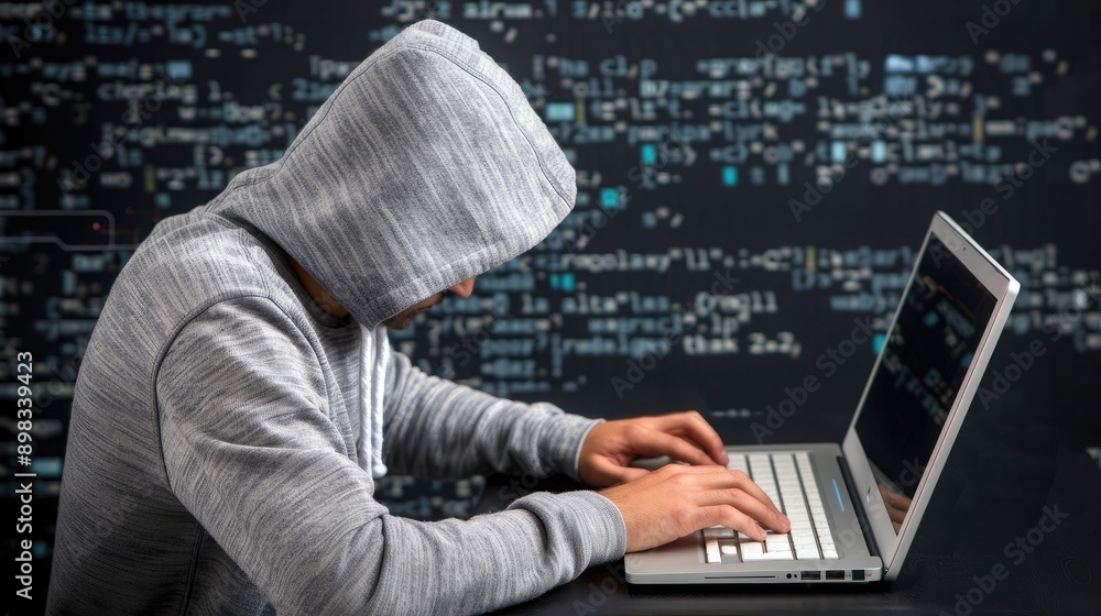 Poster a mysterious hooded figure deeply focused on working on their laptop in front of lines of code