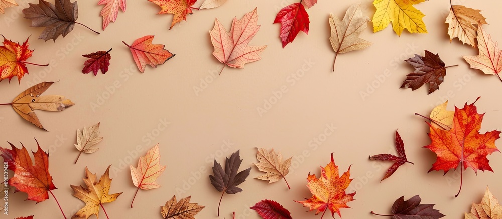 Poster autumn leaves arranged on a beige surface creating a flat lay composition with copy space for text