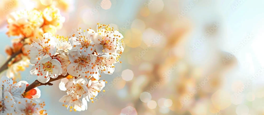 Poster blooming apricot branches in spring against a sky backdrop in a banner featuring copy space image