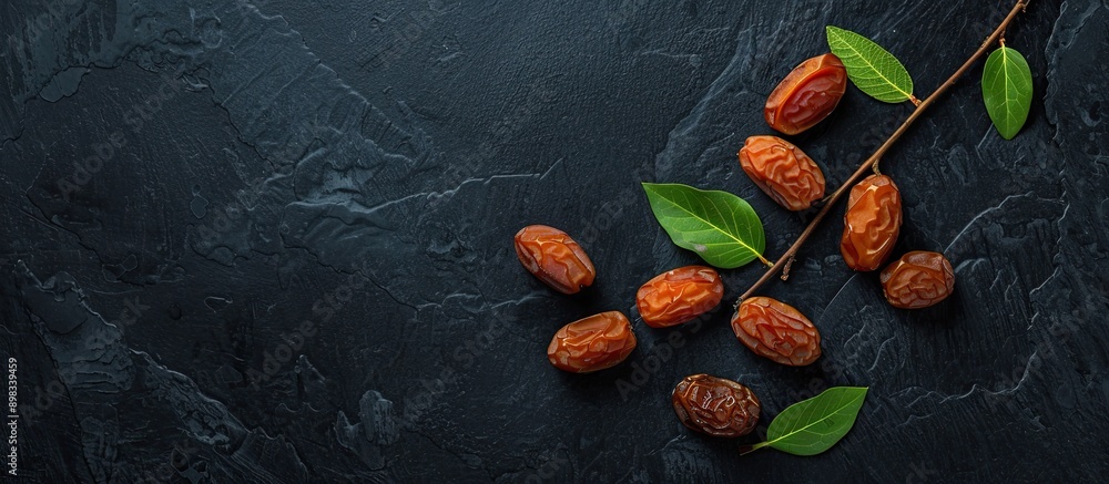 Poster Flat lay composition featuring branches of sweet dried dates a green leaf on a black table ideal for text placement in copy space image