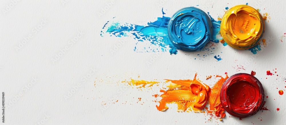 Poster colorful gouache paints from a top view on a white background with copy space image