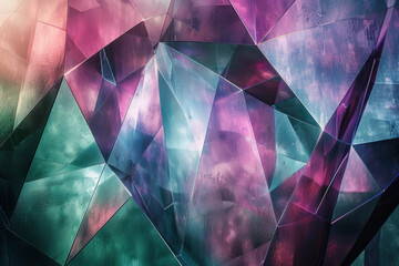 Futuristic view of metallic geometric shapes with dynamic gradient colors in shades of purple and green,