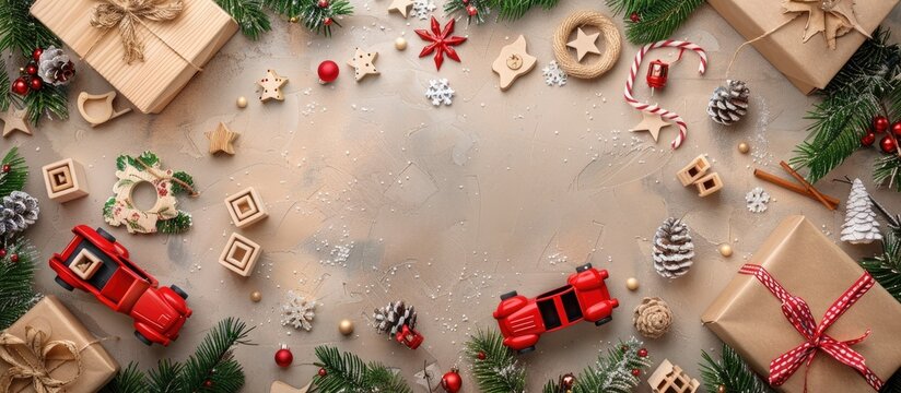 Top down view of eco friendly baby toys for Christmas with wooden blocks a car wreath and festive decorations on a holiday banner featuring copy space image