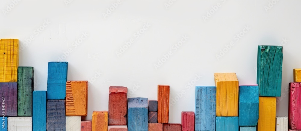 Aufkleber Colorful wooden building blocks arranged neatly on a white backdrop with ample copy space image