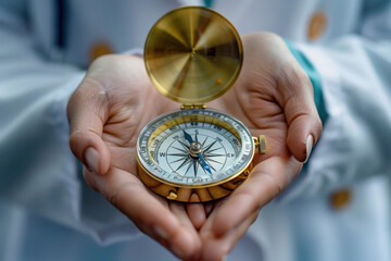 young doctor hands holding a compass