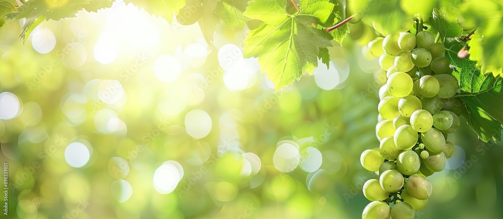 Poster blurred background with green grapes and leaves showcasing a serene copy space image