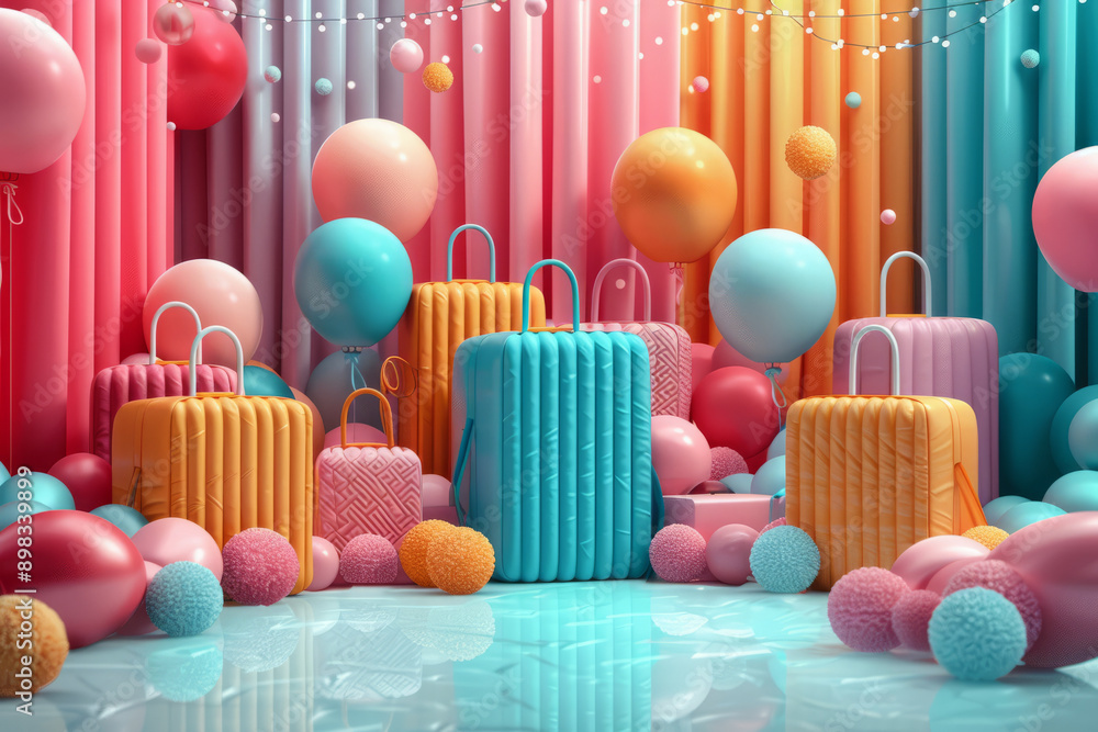Poster modern 3d render showcasing an abstract representation of a sale with geometric forms and animated p