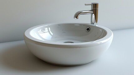Modern round white ceramic sink with a chrome faucet is standing on a counter