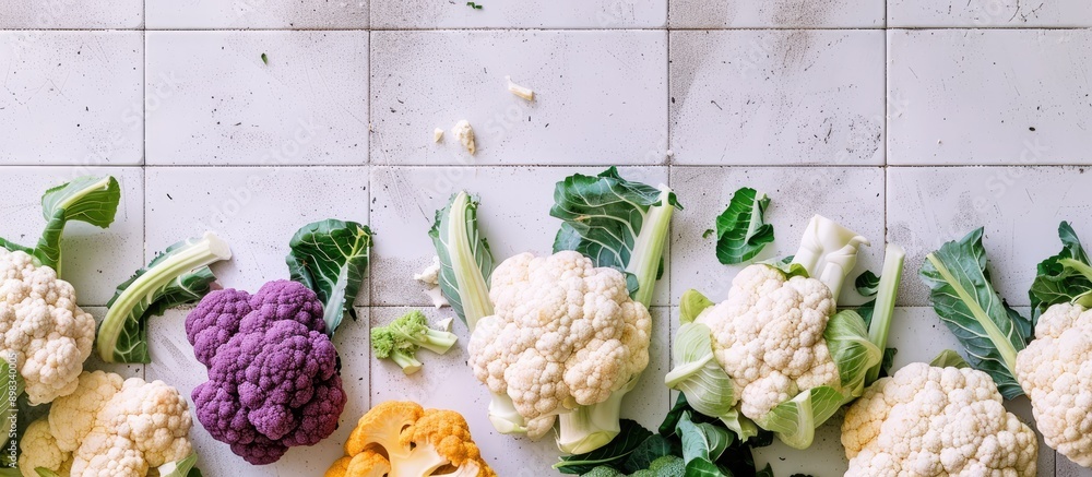 Poster Flat lay image featuring different types of cauliflower cabbages displayed on a white tiled table with copy space available