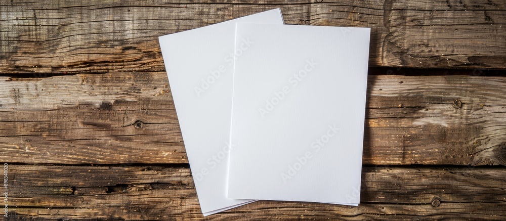 Leinwandbilder close up of two blank paper sheets on a rustic wooden table perfect as an interior mockup template w