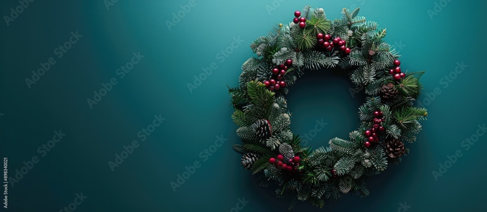 Leinwandbilder top down view of a festive green christmas wreath against a bright background symbolizing traditiona