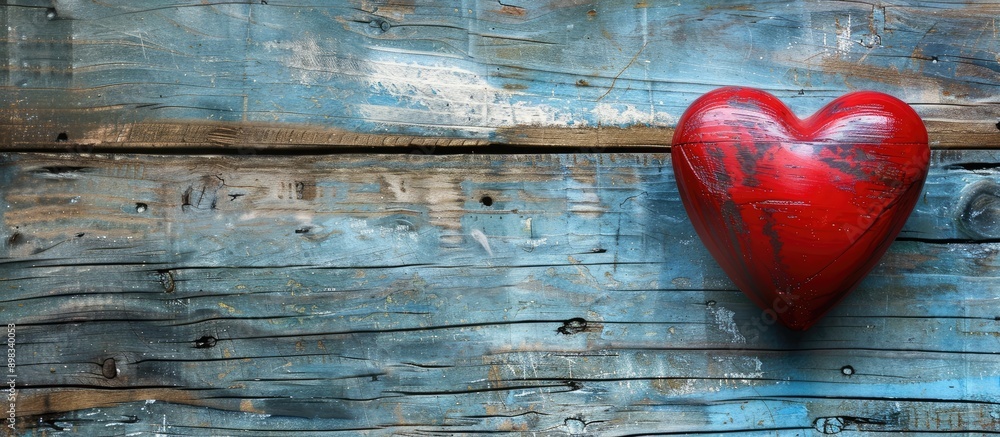 Wall mural Flat lay composition featuring a red heart on a wooden background with ample copy space for images