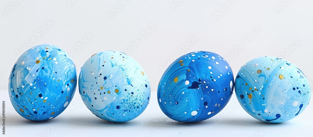 Fototapete Blue chicken eggs painted with abstract designs using strainers showcasing them against a blank background for a copy space image