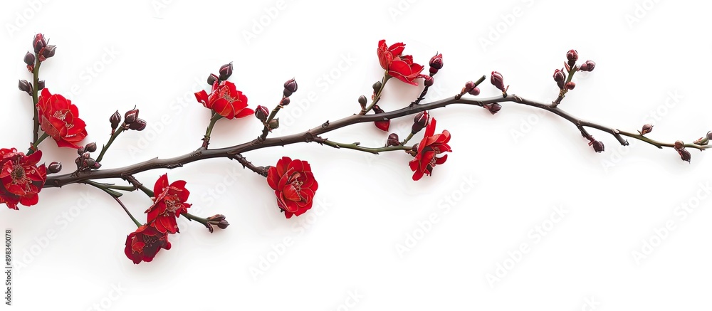 Poster Isolated background featuring branch with small red rose flowers creating a copy space image