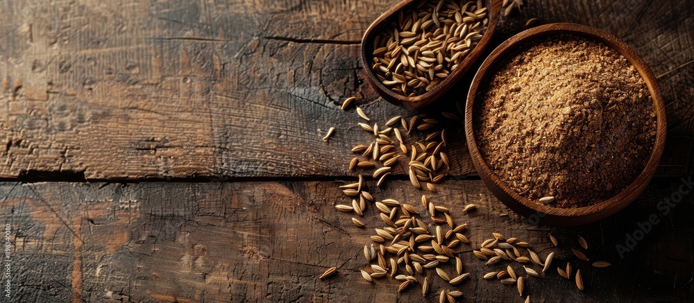 Poster caraway powder and seeds from persia displayed on a wooden table with room for text in the image. cr