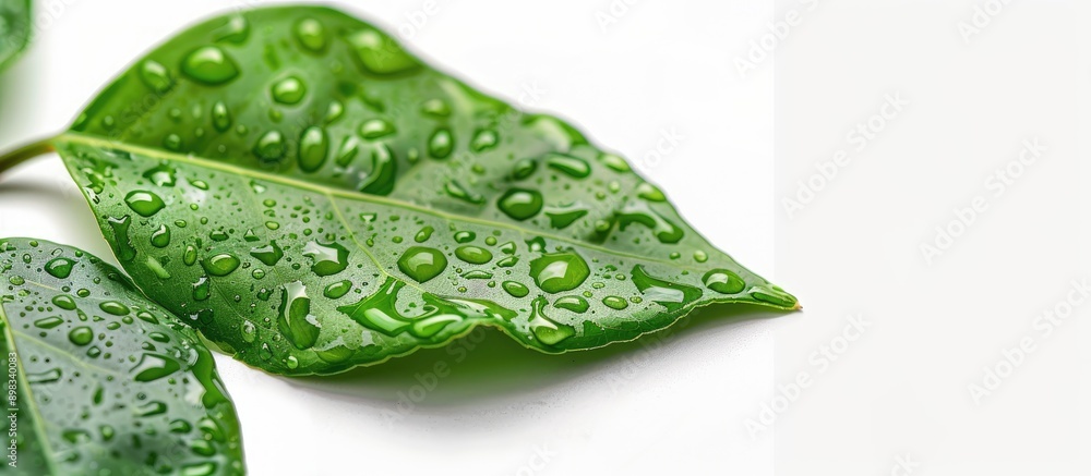 Aufkleber Close up isolated on a white background a green leaf with water droplets in a copy space image