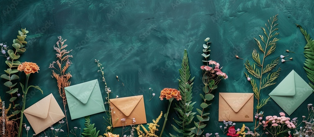 Aufkleber top down flat lay composition featuring artisanal envelopes and dried flowers arranged neatly on a l