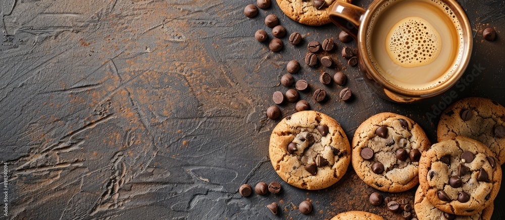Poster top view of cookies with chocolate chips next to a cup of coffee with copy space image