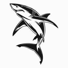 Aggressive shark with fangs and open mouth black silhouette on white background. Wild animal logo, icon or print design