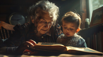 Generational Bond: Elderly Woman Reading to Young Child in Warm Sunlit Room for Family Nostalgia. Generative ai