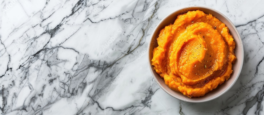 Poster Top view of a delicious sweet potato puree in a bowl on a marble surface with a blank space available for additional images