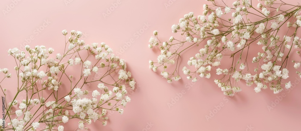 Poster flat lay top view of delicate gypsophila flowers on a soft pastel background with ample copy space f