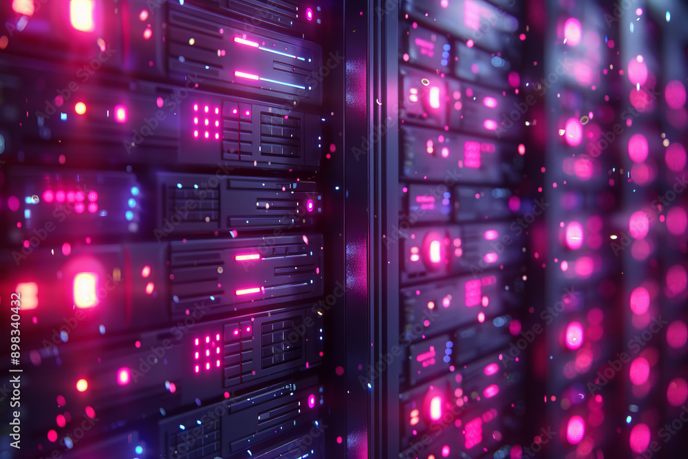 Poster futuristic representation of server abstraction with neon blue and pink lights illuminating intercon