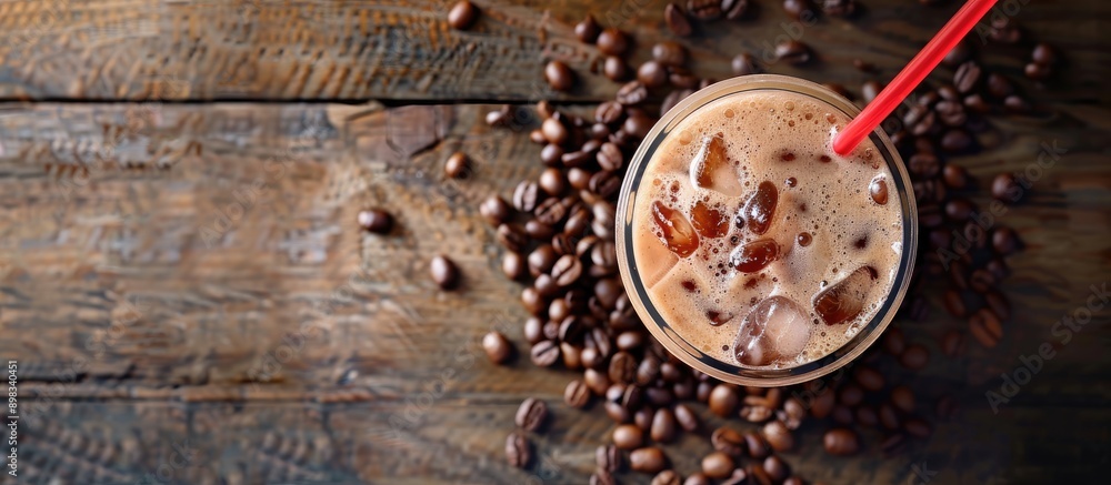 Leinwandbilder Cold summer drink with a red straw on a wooden table coffee beans in the backdrop above view with detailed flat lay showcasing the copy space image