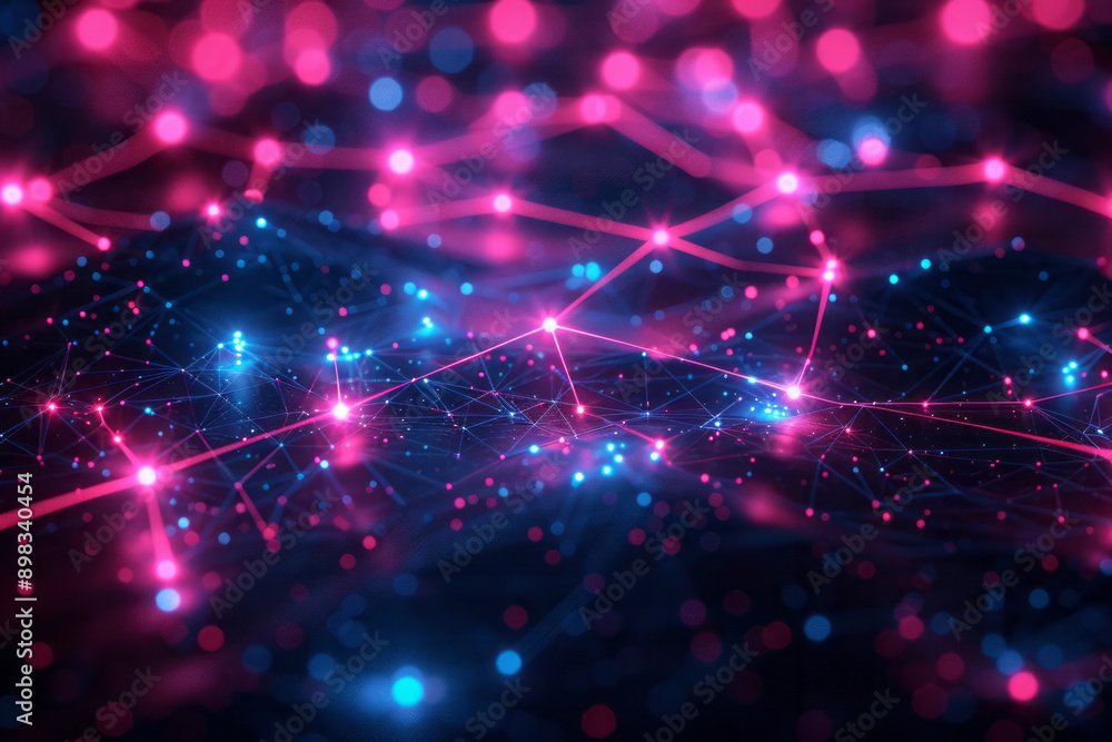 Poster futuristic representation of server abstraction with neon blue and pink lights illuminating intercon