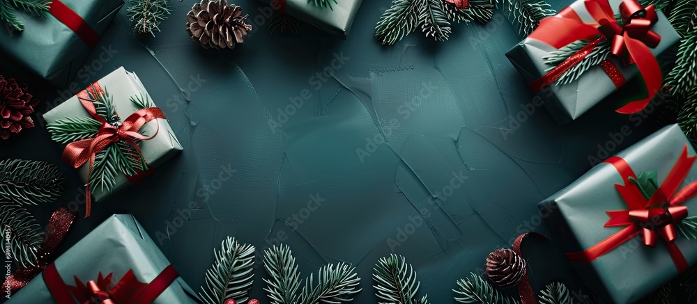 Fototapete christmas tree branches creatively arranged with gifts in a flat lay composition presenting a nature